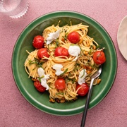 Bucatini With Burst Cherry Tomatoes, and Mozzarella