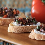 Cream Cheese, Black Olive, and Bell Pepper Toast