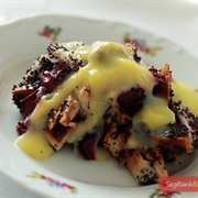 Poppy Seed Bread Pudding With Vanilla Custard and Sour Cherries