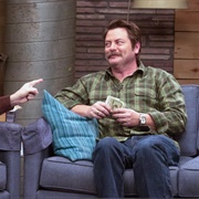 6. Nick Offerman Wears a Green Flannel Shirt & Brown Boots