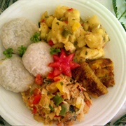 Stewed Saltfish With Spicy Pantains, Coconut Dumplings and Seasoned Breadfruit