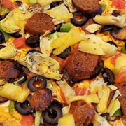 Vegan Olive Pineapple and Sausage Pizza