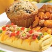 Perkins Omelette With Breakfast Potatoes and Muffin