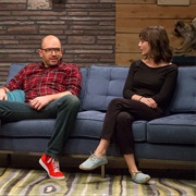 7. Lizzy Caplan Wears All Black & Powder Blue Espadrilles