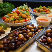 Falafel, Tomatoes, Olives and Tomato Dip