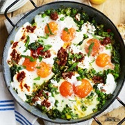 Green Shakshuka With Crispy Latkes