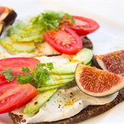 Pumpernickel Bread With Vegan Cream Cheese, Tomato, Figs and Cucumber