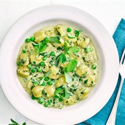 Spinach Gnocchi With Pea, Mascarpone and Chilli Sauce