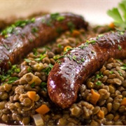 Cumin Lentils With Sausages, and Dandelion Greens