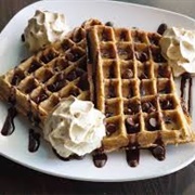 Waffle With Chocolate Sauce and Cream