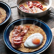 Fried Derbyshire Oatcake With Eggs and Bacon