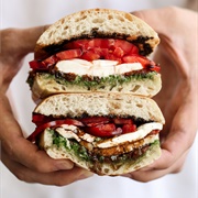 Mozzarella Tomato Pesto and Olive Oil Sandwich