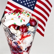 Red, White Chocolate and Blue Sundae