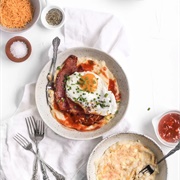 Cheese Grits With Ham, Eggs, and Tomato Gravy