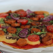 Vegan Peperoni Mushroom and Arugula Pizza