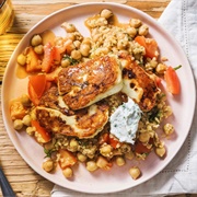 Honeyed Halloumi on Chermoula Tabbouleh With Chickpeas Tomato and Mint Yoghurt