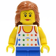 TWN129 - Shirt With Female Rainbow Stars Pattern, Blue Legs, Dark Orange Female Hair Mid-Length