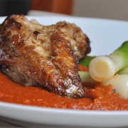 Roasted Monkfish Tail, Tomato, Mussels, Romesco Sauce