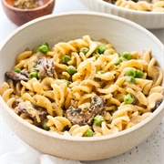 Spelt Pasta in a Vegan Mushroom Cream Sauce