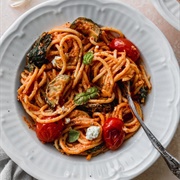 Tomato Sauce, Goat Cheese, and String Bean Spaghetti