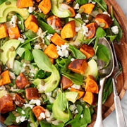Mixed Green, Sweet Potato, Red Onion, and Sesame Salad With Honey Mustard