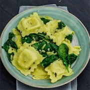 Pea and Shallot Ravioli With Butter Sauce & Spinach
