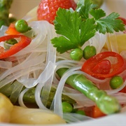 Exotic Rice Noodle Salad With Asparagus, Peas, Chili and Strawberries