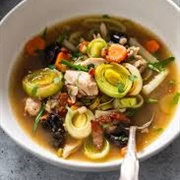 Chicken and Leek Soup With Prunes and Barley