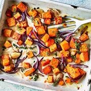 Roasted Sweet Potatoes and Red Onions With Toasted Sesame