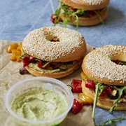 Hummus, Roasted Vegetable and Rocket Filled Bagel