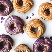 Rose Iced Cruller With Vanilla Syrup and Chocolate Chips