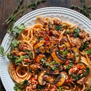 Veggie Sausage Mushroom and Cherry Tomato Pasta With Cream Cheese