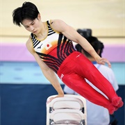 Kazuma Kaya of Japan Completing the Pommel Horse at the 2024 Paris Olympics