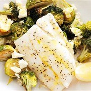 Roasted Broccoli and Brussels Sprouts Fish