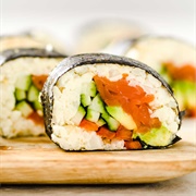 Cauliflower Rice, Mayonnaise, Avocado, Red Bell Pepper, Cucumber, Coconut Amino, and Sesame Sushi