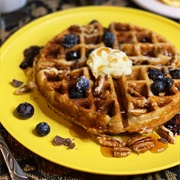 Pecan Pancakes and Waffles With Blueberries and Honey (The Bumbleberry)