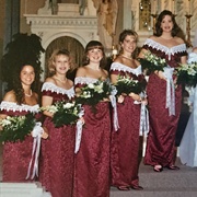Dark Brocade With White Trim Bridesmaid Dresses