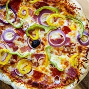 Pepperoni, Olive, Banana Pepper, and Onion Pizza