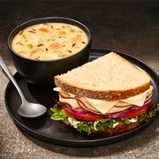 Turkey and Cheddar Sandwich and Cream Chicken and Wild Rice Soup