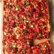 Pepperoni, Green Olive, and Red Onion Focaccia