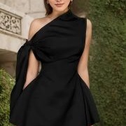 High One-Shoulder, Off-Shoulder Bow on Other Side