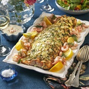 Almond Covered Salmon With Shrimp Sauce