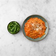 Creamy Gochujang Spinach and Ricotta Ravioli With Mushrooms, Cheese, Crispy Onions and Bacon