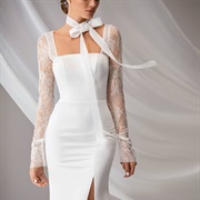 Thin Scarf Tied in Long Bow Around Front of Neck