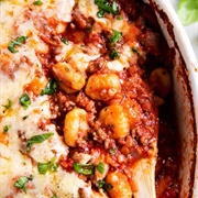 Gnocchi, Red Onion, Cherry Tomato, Chicken, and Marble Cheddar Casserole