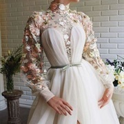 Sheer Neck and Sleeves With 3D Flowers Under Bodice