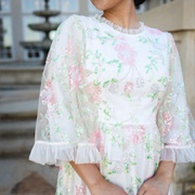 Beaded Floral Decor on Sheer Top Layer of Dress
