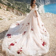 Flowers Scattered Over Wedding Dress