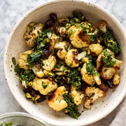 Roasted Cauliflower With Fried Caper Gremolata, Garlic Yogurt, and Labneh