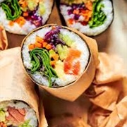 Spicy Salmon Sushi Burrito With Avocado Edamame and Sriracha Mayo